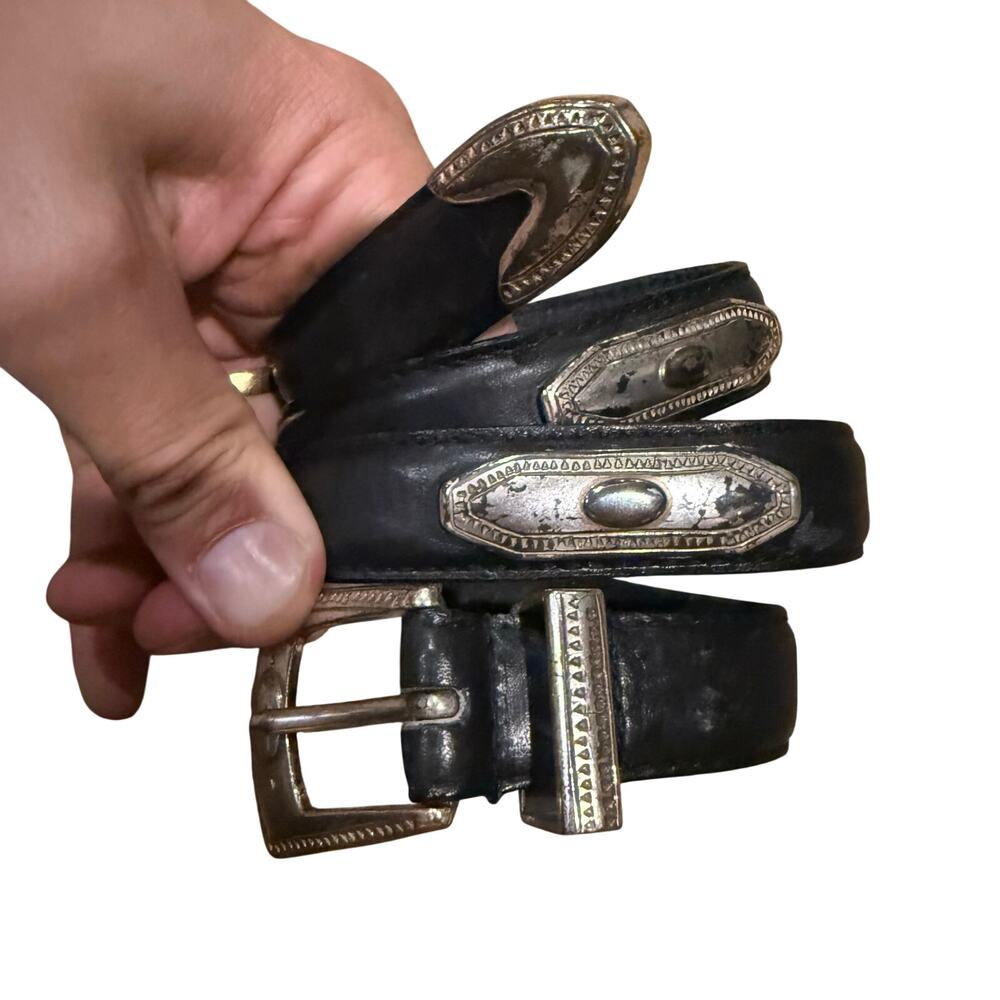 Vintage RITZ Collection Black Leather Womens Silver Conchos Western Belt 35”